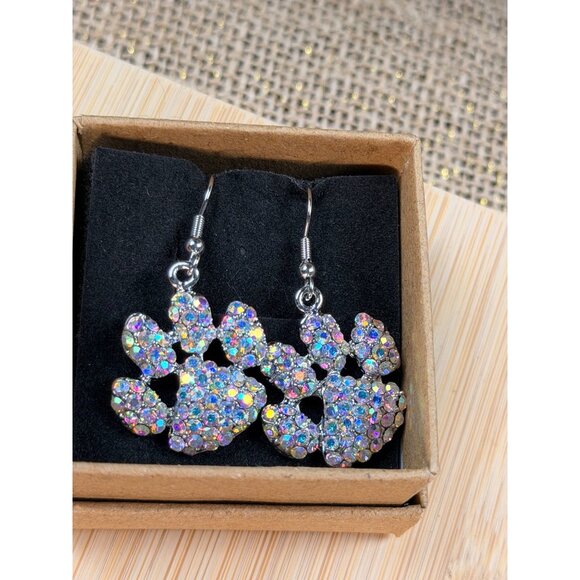 Sparkling Paw Print Dangle Earrings With Rhinestones Silver-Toned Hooks Lightwei - Picture 4 of 7